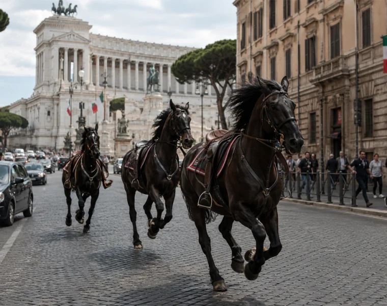 Cavalli in fuga a Roma davanti al Vittoriano negli 80 anni della Repubblica