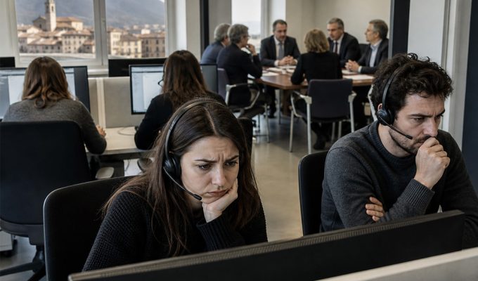 Lavoratori del call center di Sulmona al computer mentre sullo sfondo si svolge un tavolo istituzionale