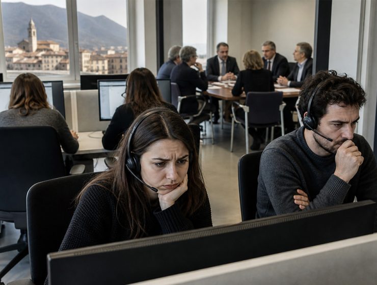 Lavoratori del call center di Sulmona al computer mentre sullo sfondo si svolge un tavolo istituzionale