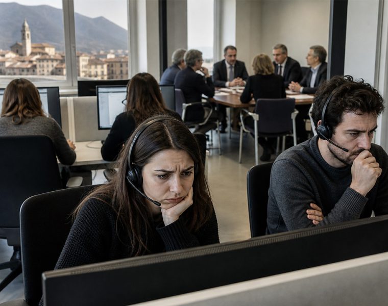 Lavoratori del call center di Sulmona al computer mentre sullo sfondo si svolge un tavolo istituzionale