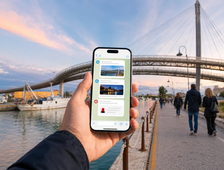 Comune di Pescara WhatsApp sullo smartphone con il Ponte del Mare sullo sfondo