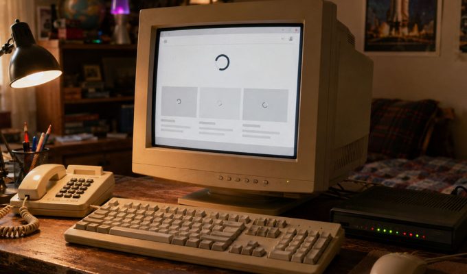 Connessione 56K nel 2026 con modem vintage e computer anni Novanta
