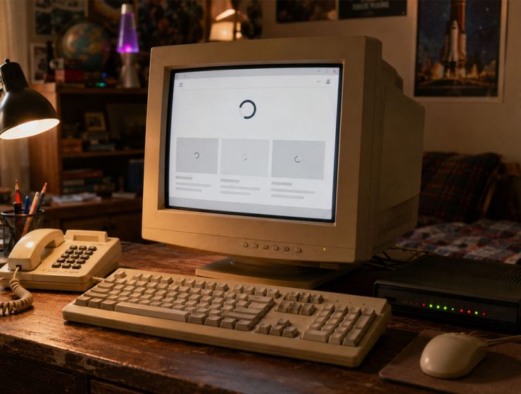 Connessione 56K nel 2026 con modem vintage e computer anni Novanta