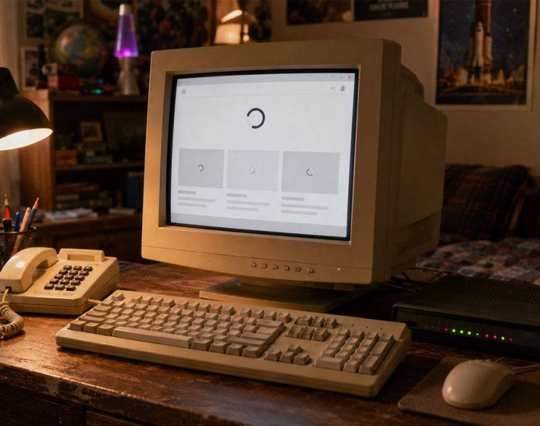 Connessione 56K nel 2026 con modem vintage e computer anni Novanta