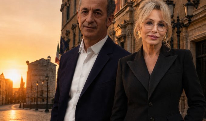 Destra italiana pragmatica oggi in un’immagine editoriale con due figure istituzionali in una strada storica al tramonto