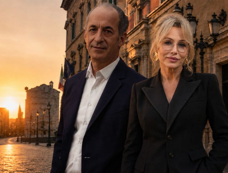 Destra italiana pragmatica oggi in un’immagine editoriale con due figure istituzionali in una strada storica al tramonto