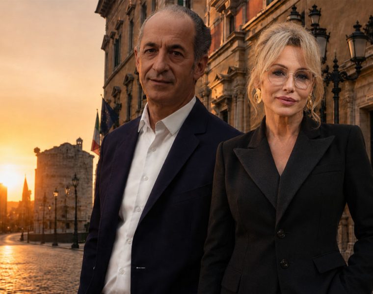 Destra italiana pragmatica oggi in un’immagine editoriale con due figure istituzionali in una strada storica al tramonto