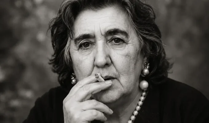 Alda Merini al Cordova, ritratto realistico in bianco e nero ispirato alla poetessa con sigaretta e sguardo intenso