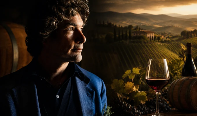 Colline Teramane è Vino, ritratto di Enrico Cerulli Irelli con calice e vigneti sullo sfondo