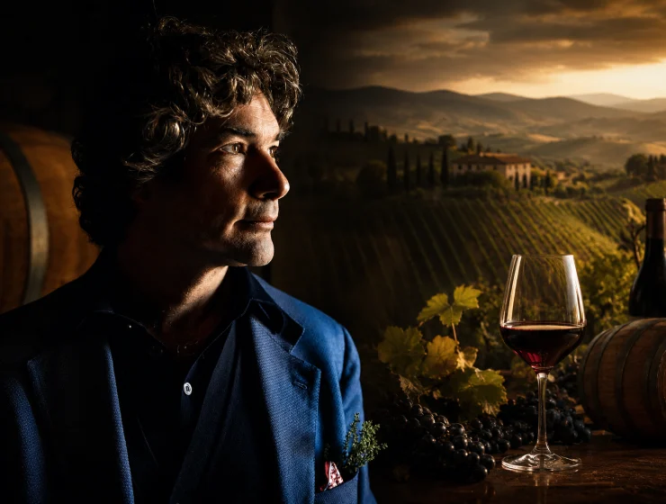 Colline Teramane è Vino, ritratto di Enrico Cerulli Irelli con calice e vigneti sullo sfondo