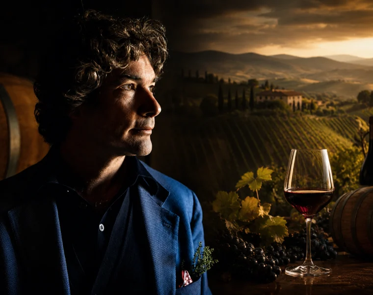 Colline Teramane è Vino, ritratto di Enrico Cerulli Irelli con calice e vigneti sullo sfondo