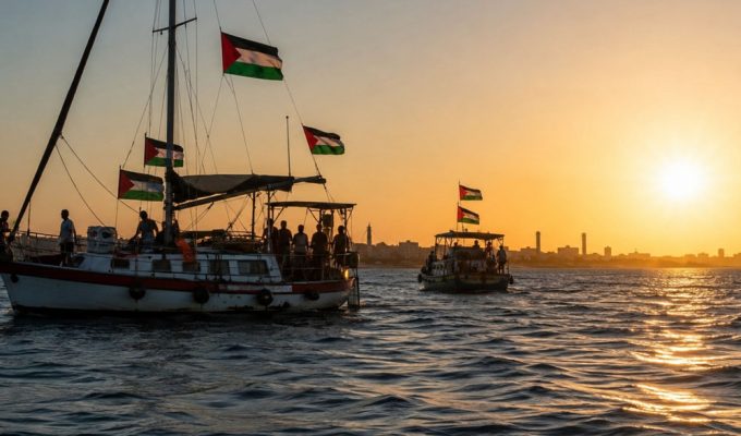 Global Sumud Flotilla Gaza con barche in mare al tramonto e bandiere palestinesi.