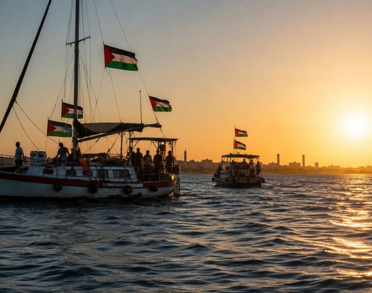 Global Sumud Flotilla Gaza con barche in mare al tramonto e bandiere palestinesi.