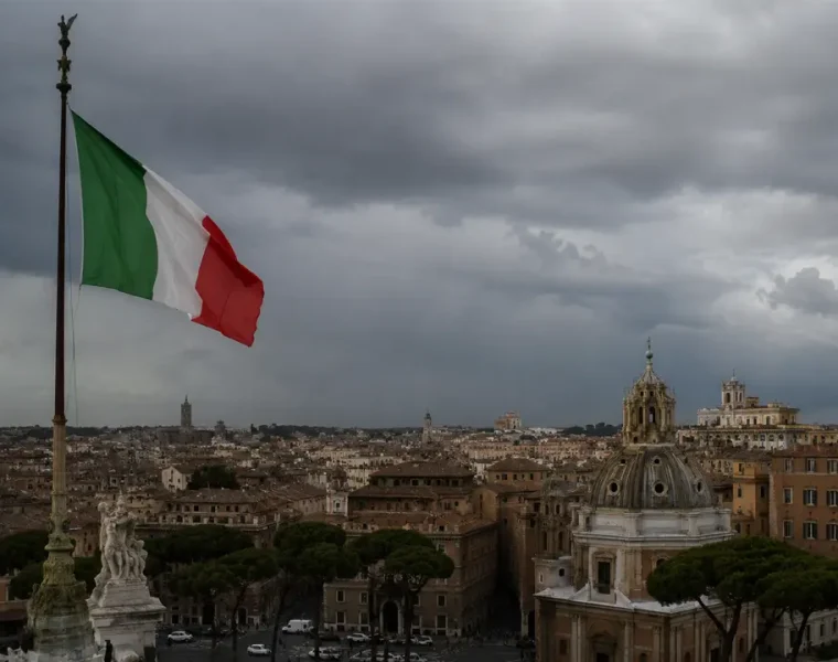 Italia crescita ferma tra debito pubblico, cielo cupo e bandiera italiana su Roma