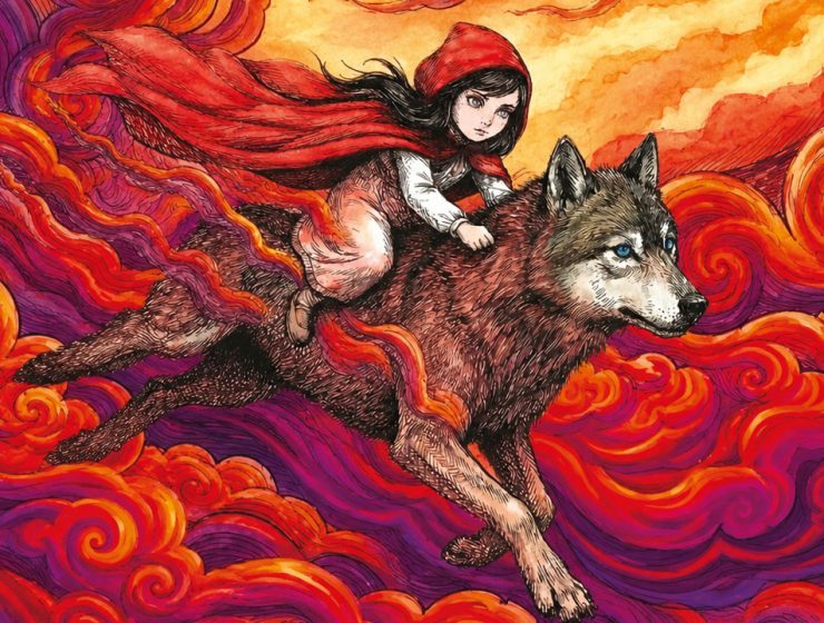SuperFavola al Salone Torino, illustrazione con Cappuccetto Rosso che cavalca il lupo tra nuvole rosse