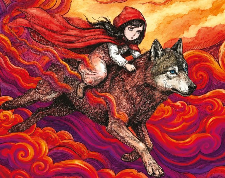 SuperFavola al Salone Torino, illustrazione con Cappuccetto Rosso che cavalca il lupo tra nuvole rosse
