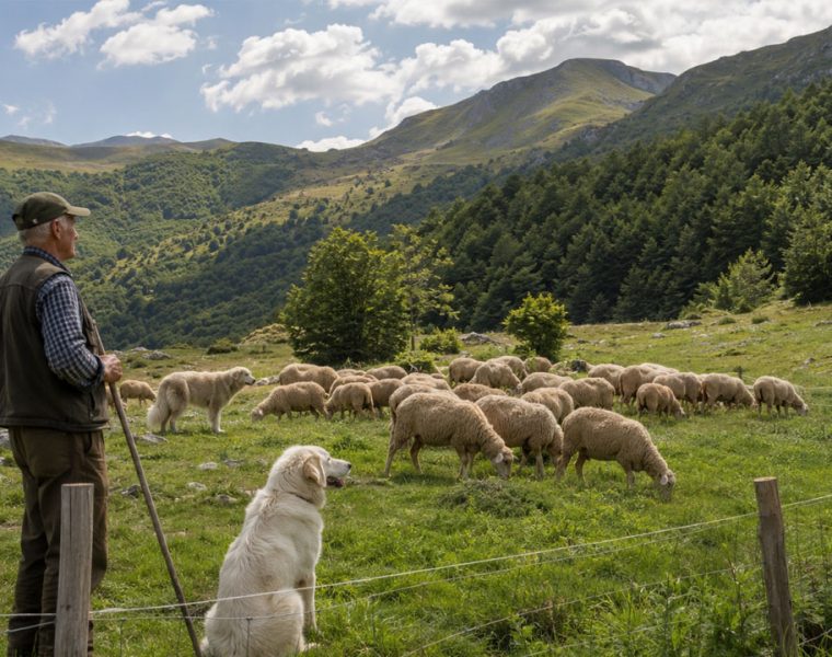 Parco e Confagricoltura per fauna e allevatori in un pascolo montano con gregge, cane da guardiania e orso a distanza