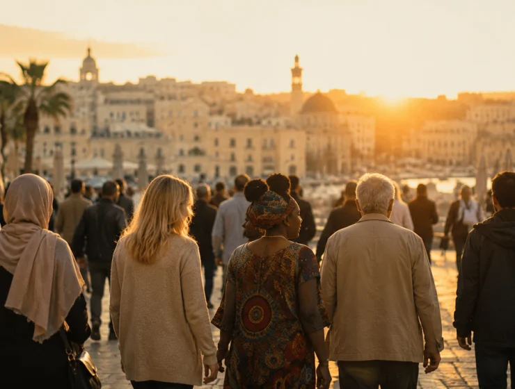 Pentecoste delle nazioni pace tra persone diverse in una piazza mediterranea al tramonto