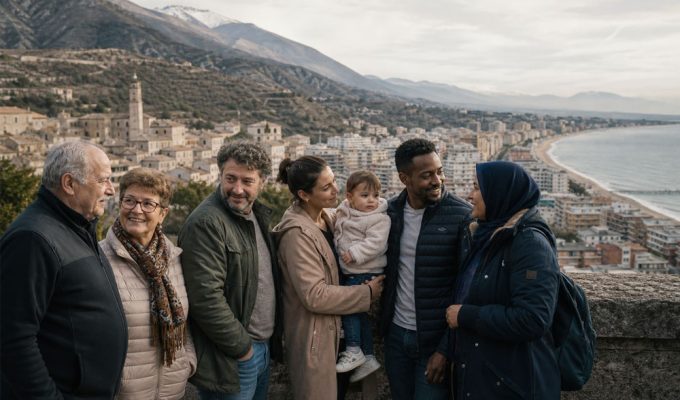 Popolazione in Abruzzo 2024, persone di età e origini diverse davanti al paesaggio tra costa e aree interne