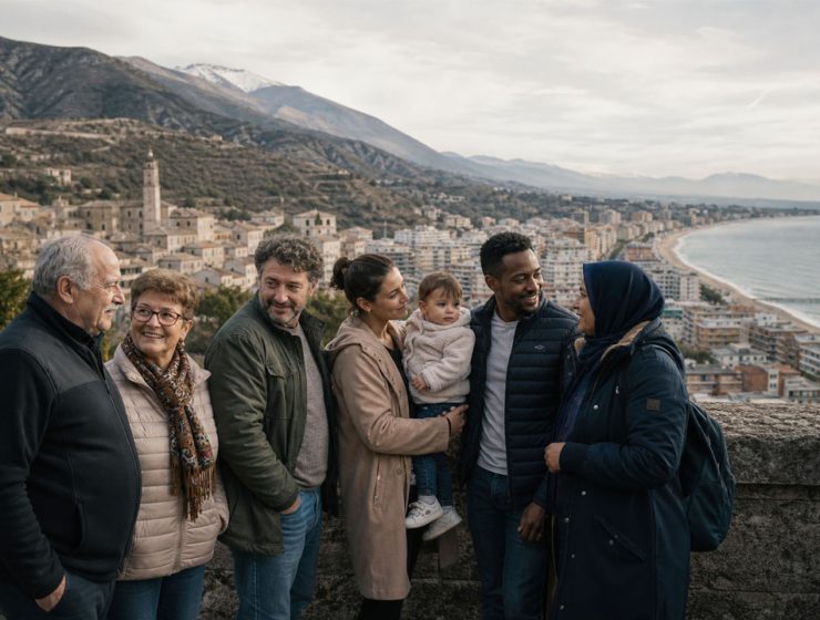 Popolazione in Abruzzo 2024, persone di età e origini diverse davanti al paesaggio tra costa e aree interne