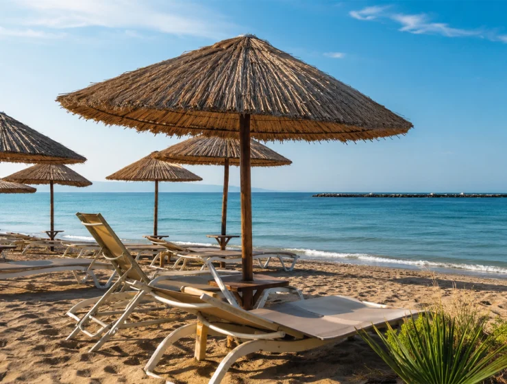 Stabilimento balneare di Pescara con ombrelloni in rafia naturale e materiali eco-compatibili sul lungomare