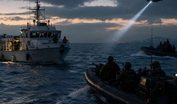 Crisi transatlantica nel Mediterraneo con nave civile e mezzi militari in mare aperto