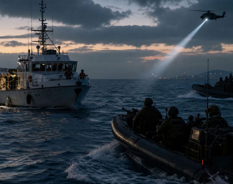 Crisi transatlantica nel Mediterraneo con nave civile e mezzi militari in mare aperto