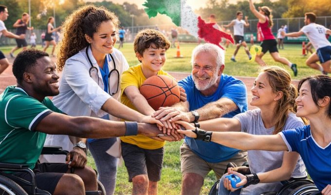 Sport inclusivo con persone con disabilità, medico e ragazzi durante attività all’aperto