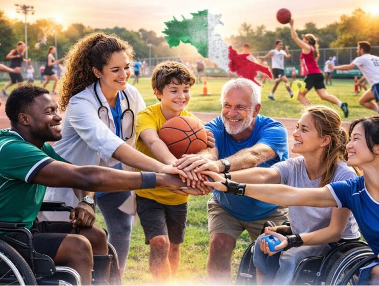 Sport inclusivo con persone con disabilità, medico e ragazzi durante attività all’aperto