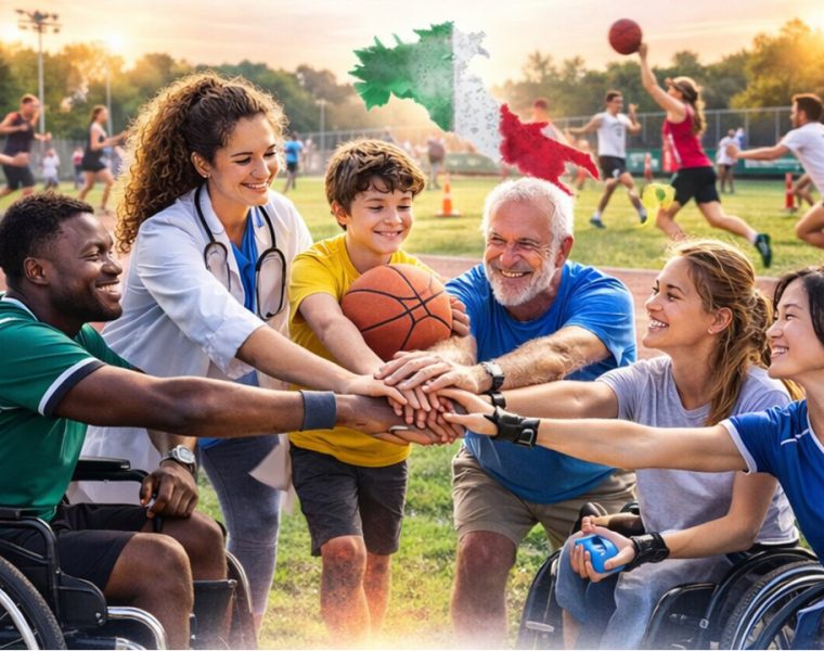 Sport inclusivo con persone con disabilità, medico e ragazzi durante attività all’aperto