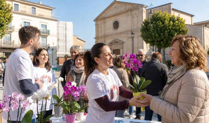 Volontaria consegna un’orchidea durante l’iniziativa FINTRED in piazza a San Giovanni Teatino per la Festa della Mamma 2026
