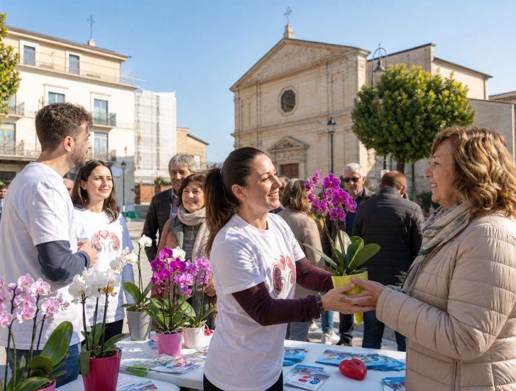 Volontaria consegna un’orchidea durante l’iniziativa FINTRED in piazza a San Giovanni Teatino per la Festa della Mamma 2026