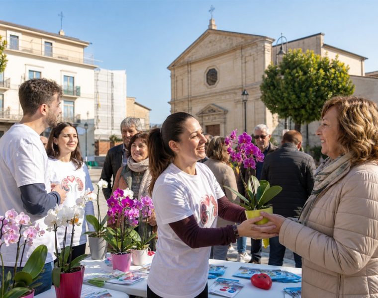 Volontaria consegna un’orchidea durante l’iniziativa FINTRED in piazza a San Giovanni Teatino per la Festa della Mamma 2026