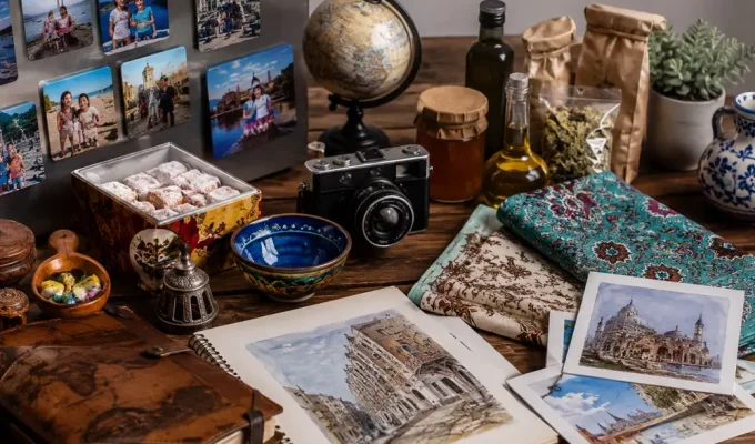 Souvenir di viaggio famiglia con foto ricordo, calamite personalizzate, artigianato e prodotti tipici