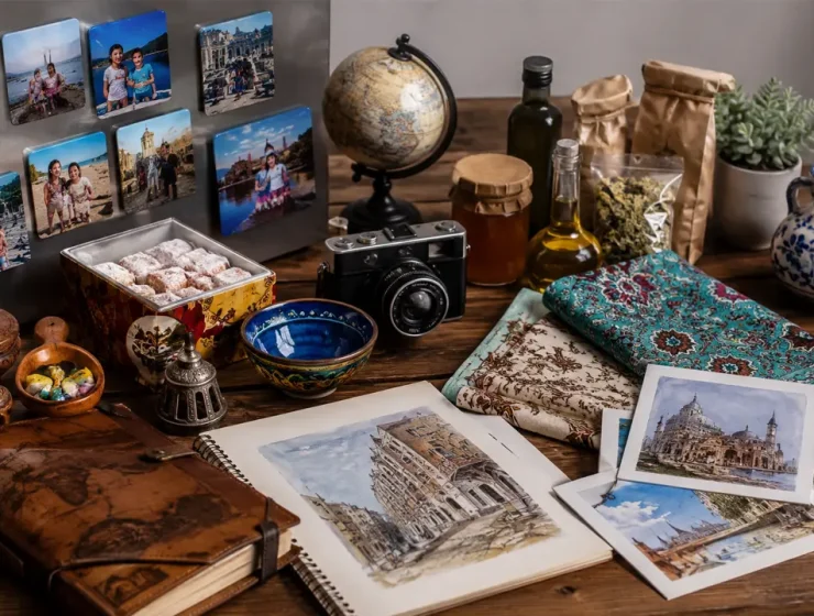 Souvenir di viaggio famiglia con foto ricordo, calamite personalizzate, artigianato e prodotti tipici
