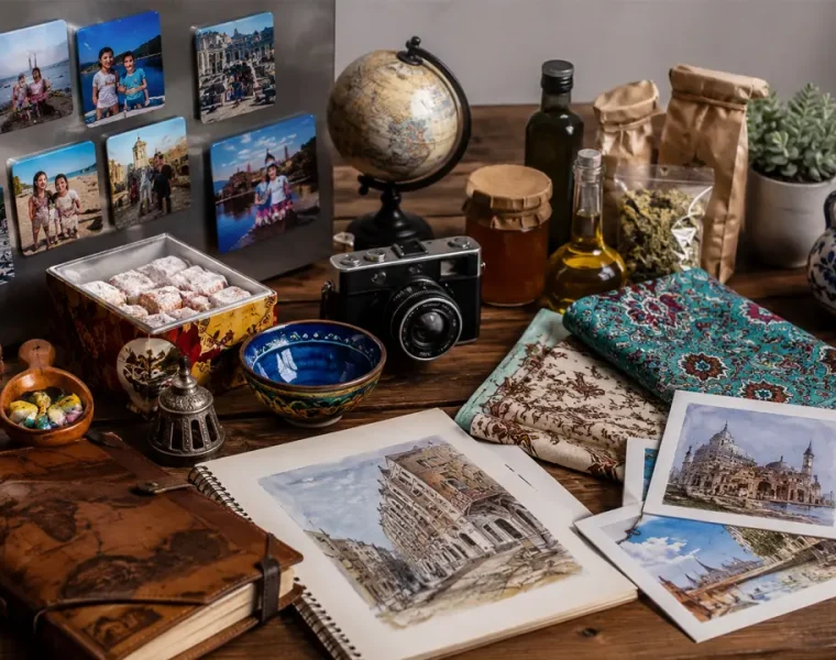 Souvenir di viaggio famiglia con foto ricordo, calamite personalizzate, artigianato e prodotti tipici