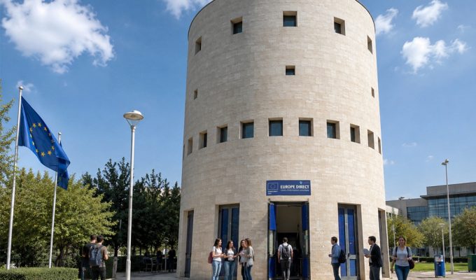 Europe Direct Chieti UdA nel Campus di Chieti con sede del Centro, studenti e bandiere dell’Unione europea