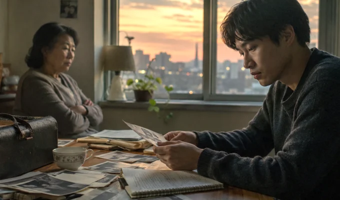 Un giovane di origine coreana osserva vecchie foto di famiglia in una stanza al tramonto: il sogno americano mai esistito si riflette nella memoria collettiva e nelle radici negate.