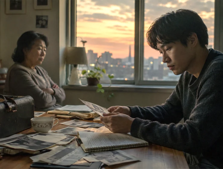 Un giovane di origine coreana osserva vecchie foto di famiglia in una stanza al tramonto: il sogno americano mai esistito si riflette nella memoria collettiva e nelle radici negate.