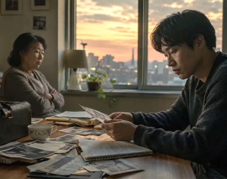 Un giovane di origine coreana osserva vecchie foto di famiglia in una stanza al tramonto: il sogno americano mai esistito si riflette nella memoria collettiva e nelle radici negate.