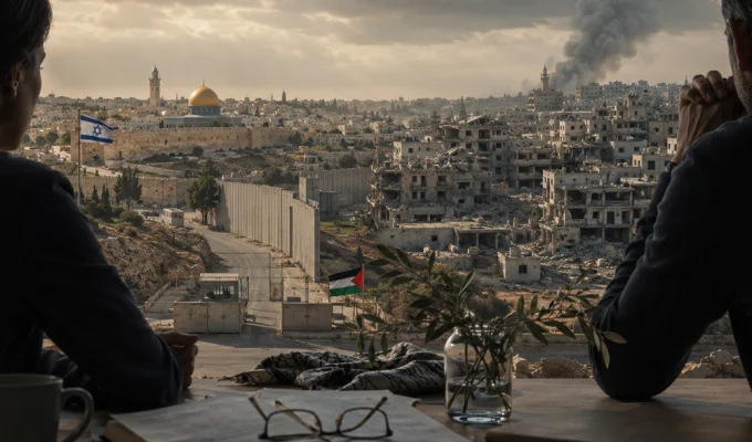 Due persone osservano una città divisa, simbolo del conflitto israelo-palestinese tra storia, macerie e dialogo.