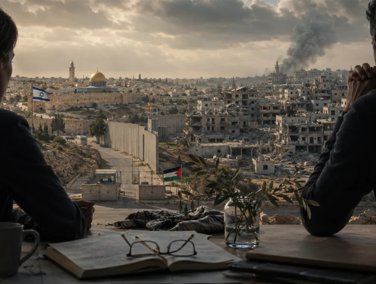 Due persone osservano una città divisa, simbolo del conflitto israelo-palestinese tra storia, macerie e dialogo.