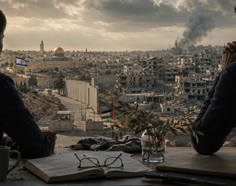 Due persone osservano una città divisa, simbolo del conflitto israelo-palestinese tra storia, macerie e dialogo.